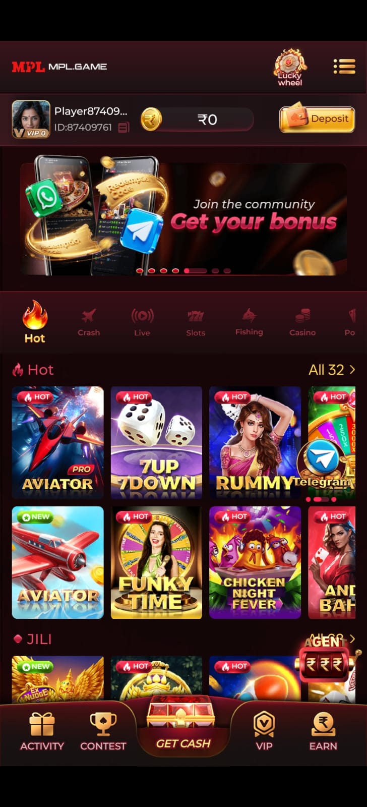 Mobile gaming app home screen showing hot games and game categories