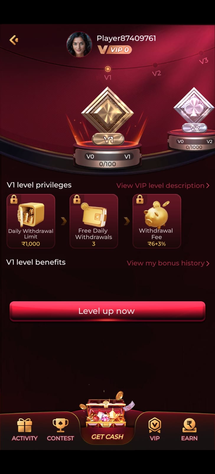 VIP level privileges and rewards screen showing V1 benefits